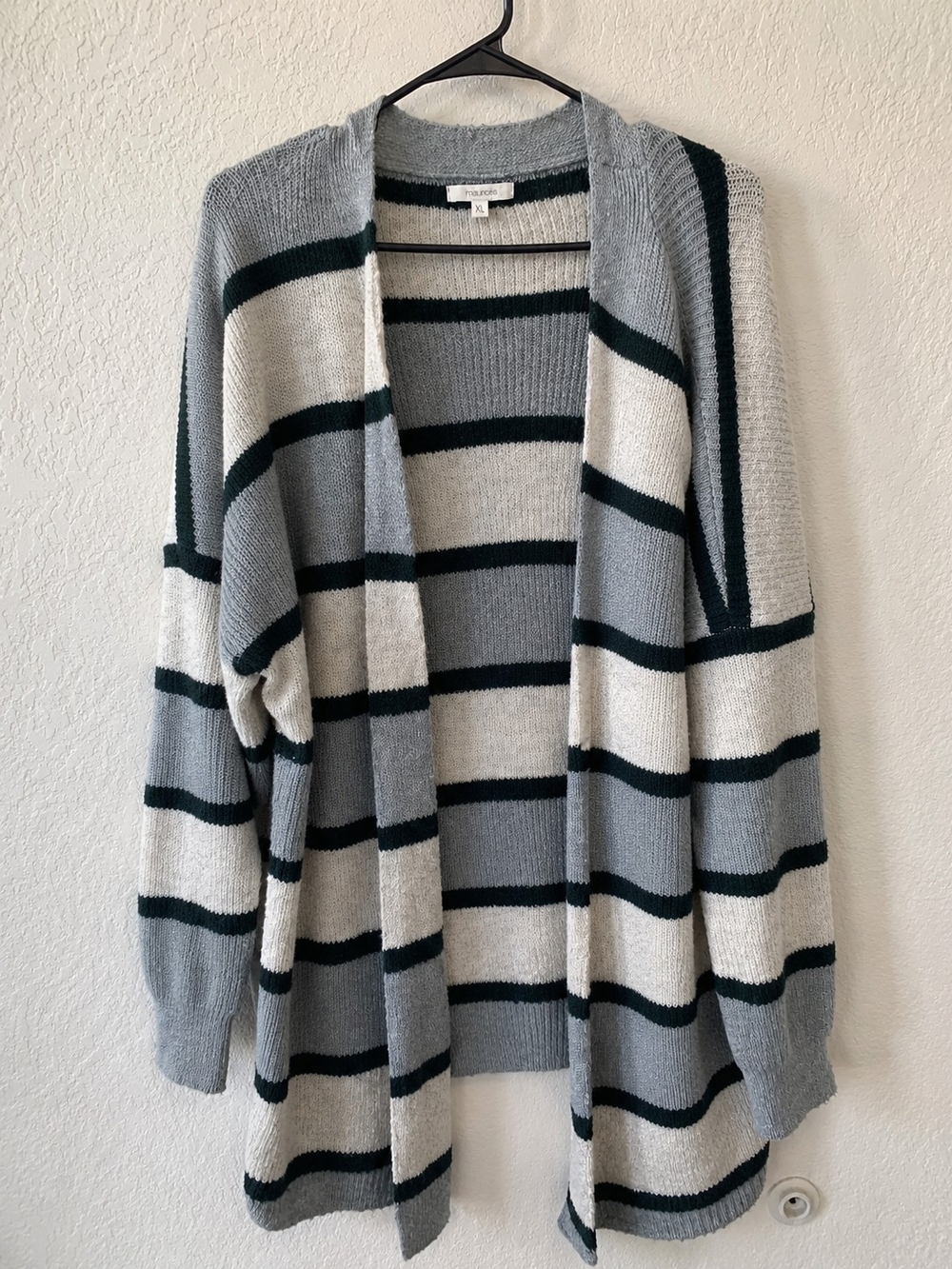 Maurices Gray, Cream & Dark Green Striped Open Cardigan